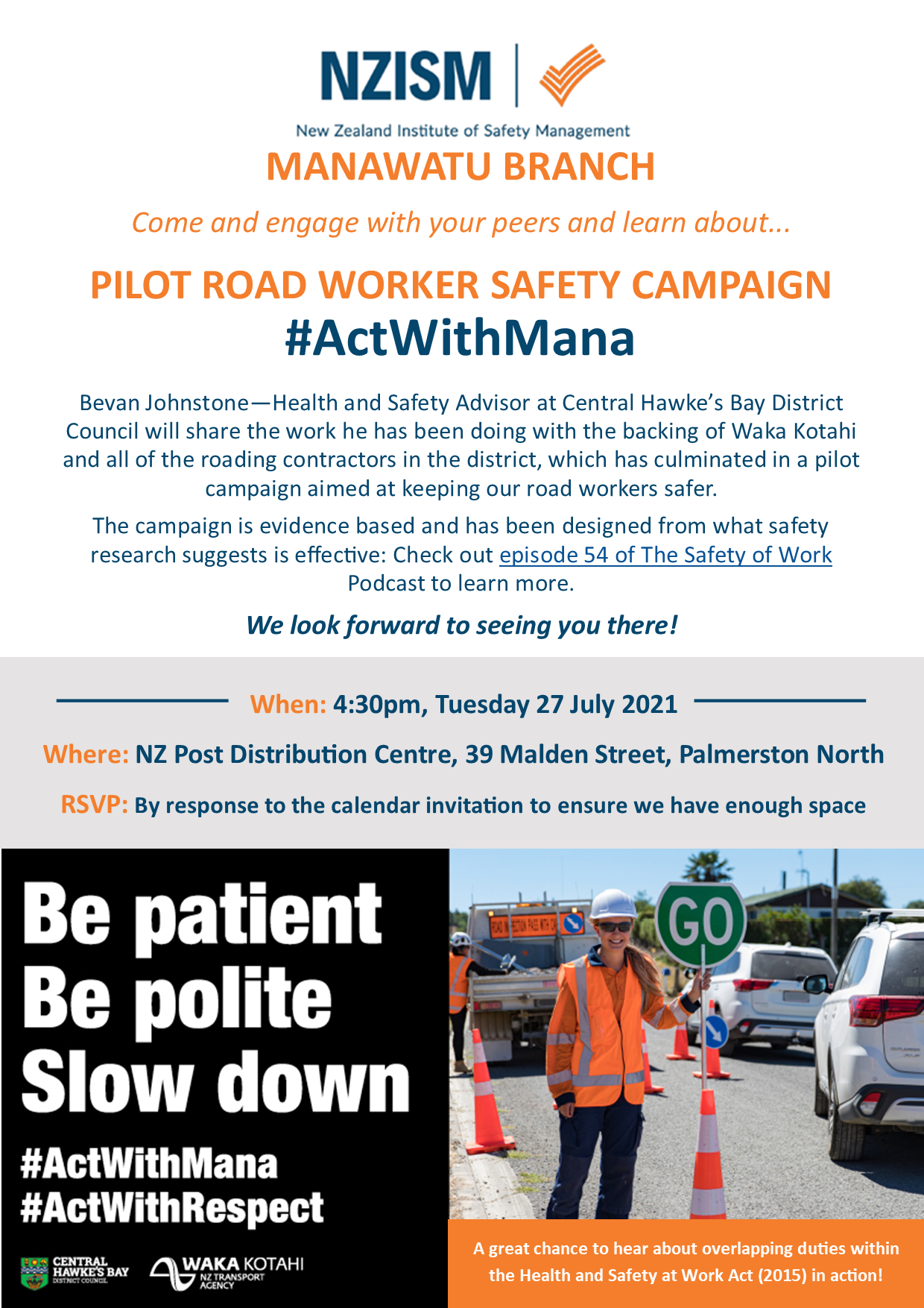 image for Manawatu Branch: Pilot Road Worker Safety Campaign #ActWithMana