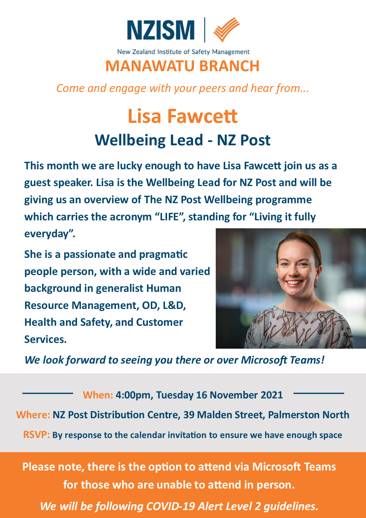 image for Manawatu Branch Meeting with NZ Post Wellbeing Lead, Lisa Fawcett